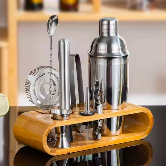 Premium Stainless Steel Cocktail Shaker Set – 9-Piece Bartender Kit with Wooden Stand