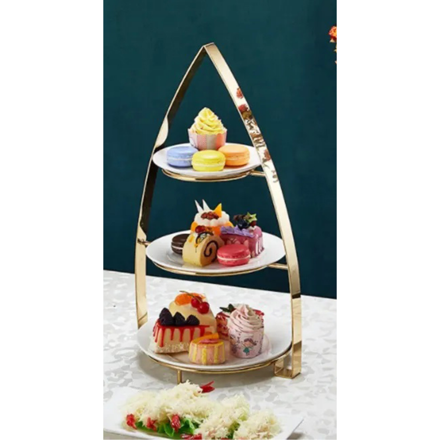 Gold-Plated Metal & Acacia Wood Tiered Dessert Display Stand