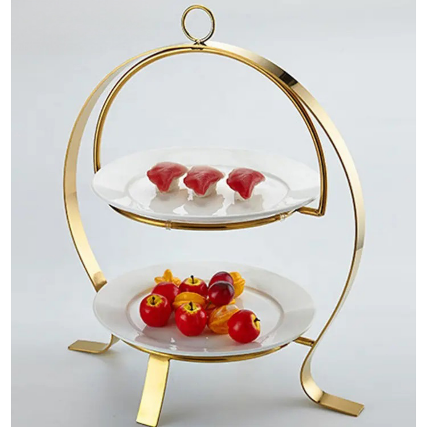 Gold-Plated Metal & Acacia Wood Tiered Dessert Display Stand