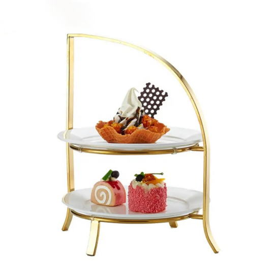 Gold-Plated Metal & Acacia Wood Tiered Dessert Display Stand