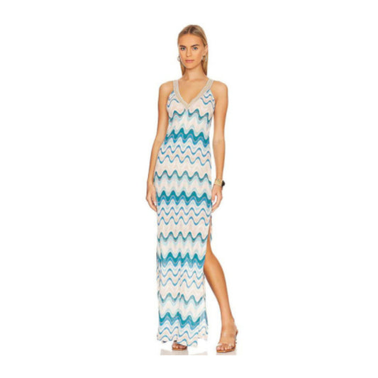 Gold Trim Maxi Dress – Sleeveless V-Neck Beach Dress with Wave Print