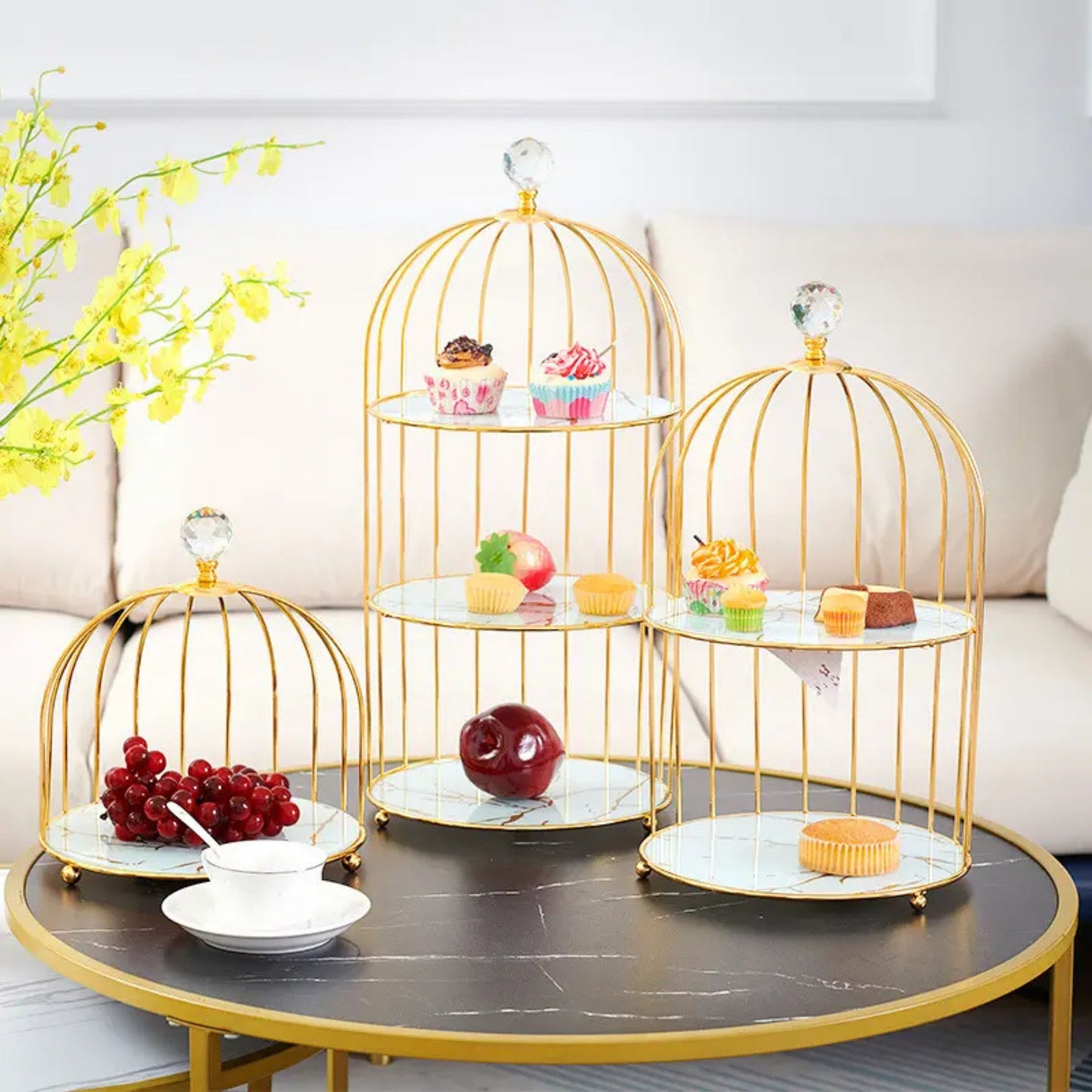 Gold-Plated High Tea Display Stand – Natural Acacia Wood