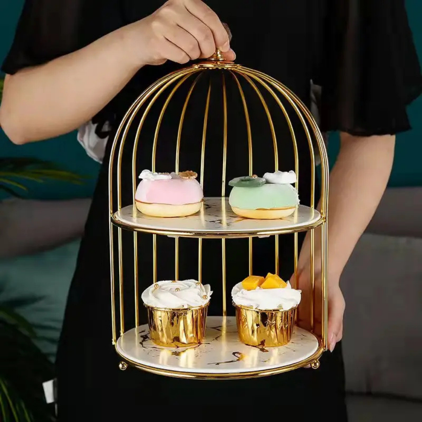 Gold-Plated High Tea Display Stand – Natural Acacia Wood