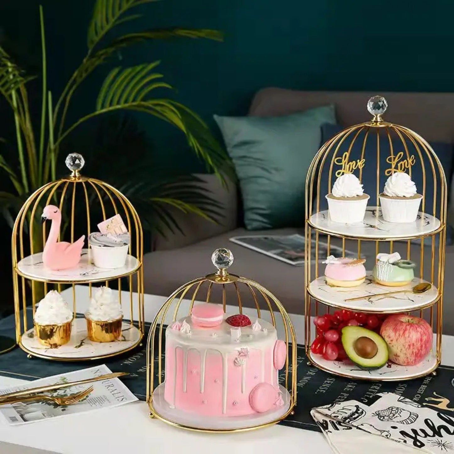 Gold-Plated High Tea Display Stand – Natural Acacia Wood