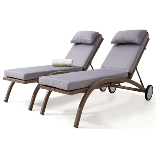 Flat Rattan Sun Lounger with Wheels and Outdoor Cushion