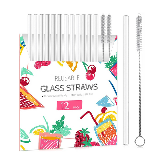 12-Piece Reusable Glass Straws with 2 Cleaning Brushes