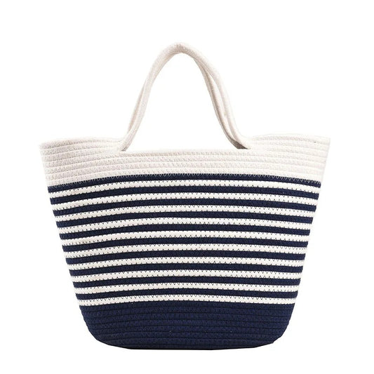 Stripe Tote Bag – White & Blue, 48x36x12cm with Custom Logo Print