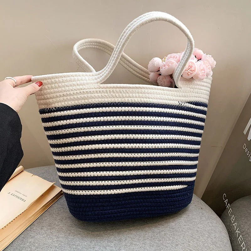 Stripe Tote Bag – White & Blue, 48x36x12cm with Custom Logo Print