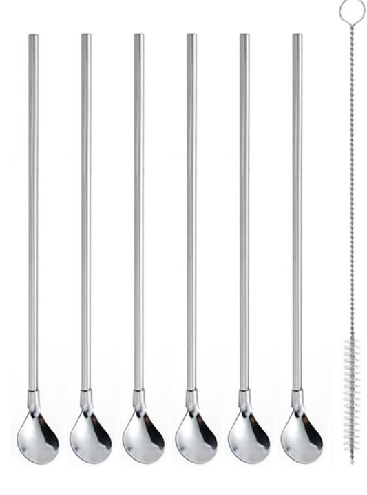 6-Piece Reusable Stainless Steel Straw Spoons with Brush – 8.6" Long Handle