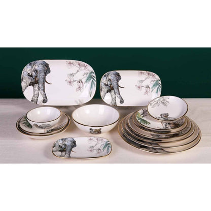 Light Gray Animal Face Ceramic Dinnerware Set – 14-Piece Collection with Shiny Finish