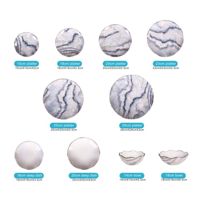 Grey Ceramic & Porcelain 10-Piece Dinnerware Set with Marble Pattern and Shiny Surface