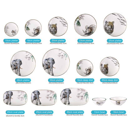 Light Gray Animal Face Ceramic Dinnerware Set – 14-Piece Collection with Shiny Finish