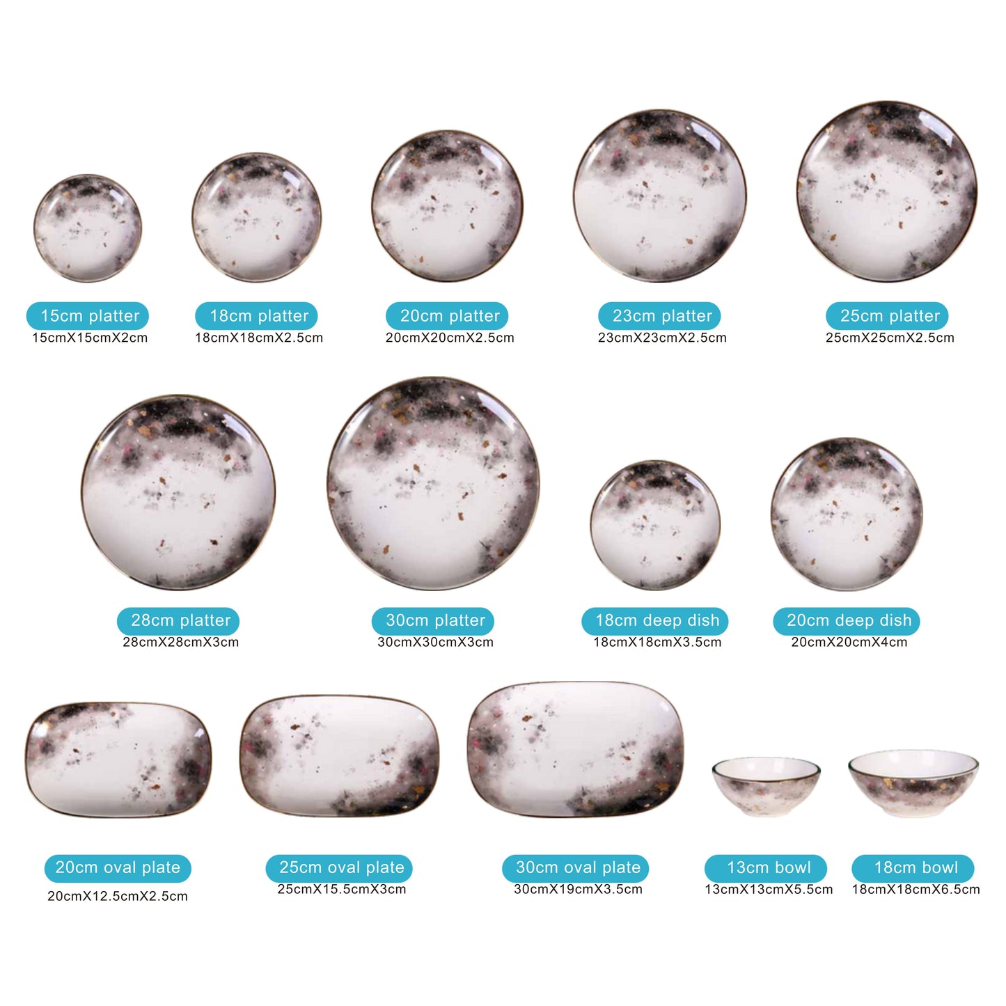 Light Gray Moon Pattern Ceramic Dinnerware Set – 14-Piece Collection with Shiny Finish