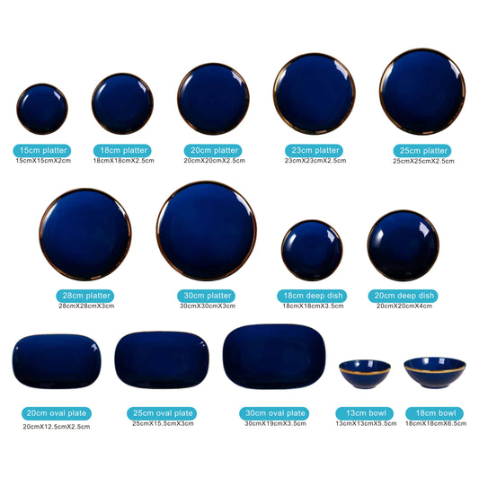 Blue Ceramic Dinnerware Set with Shiny Surface and Golden Edges – 14-Piece Collection