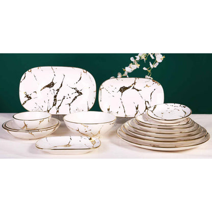 Cream Marble Effect Ceramic Dinnerware Set with Shiny Surface and Golden Edges – 14-Piece Collection