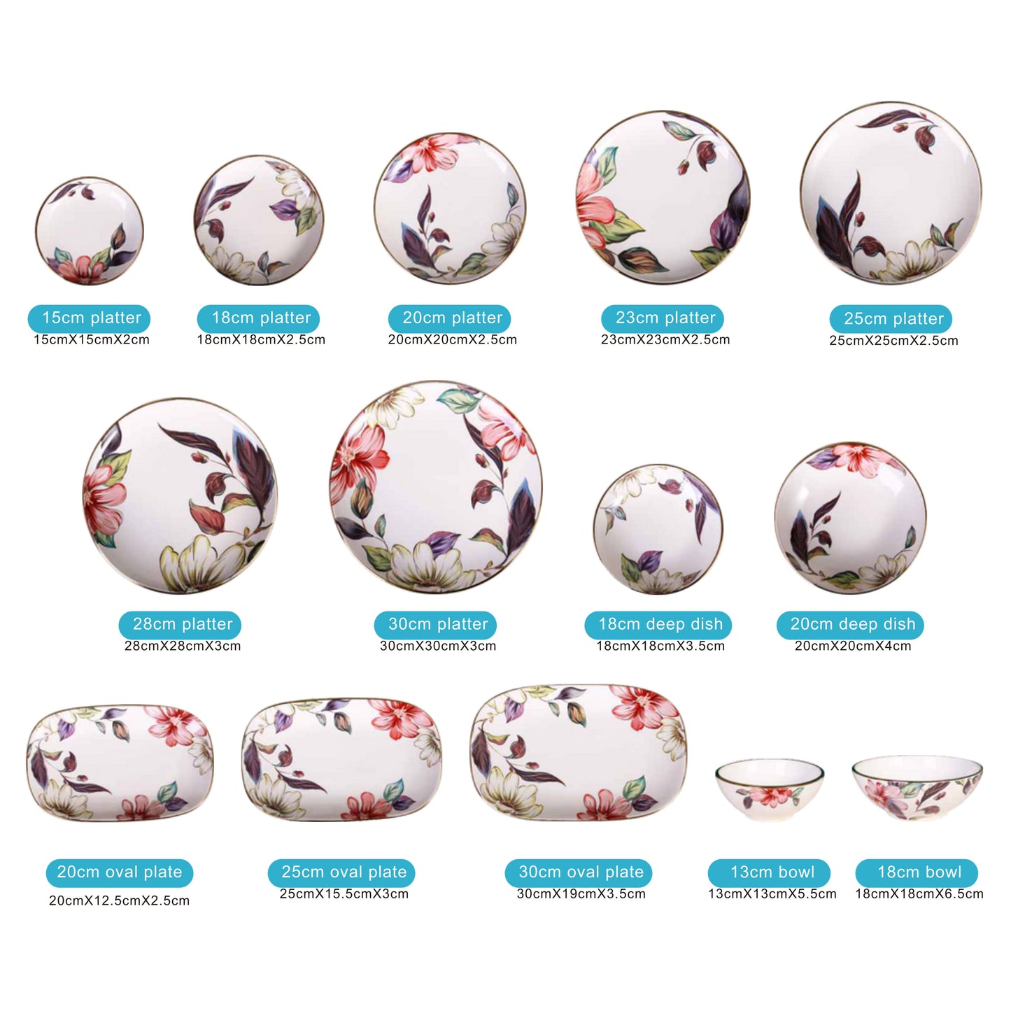 Floral Pattern Ceramic Dinnerware Set with Shiny Surface and Golden Edges – 14-Piece Collection