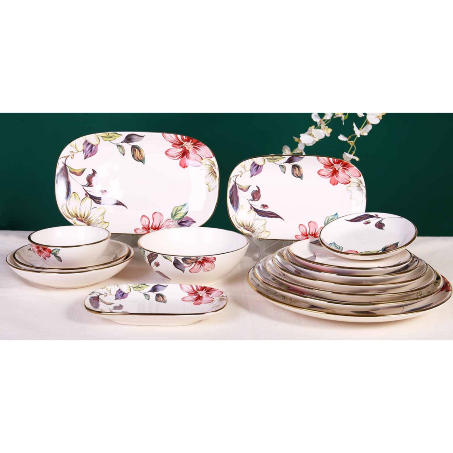 Floral Pattern Ceramic Dinnerware Set with Shiny Surface and Golden Edges – 14-Piece Collection