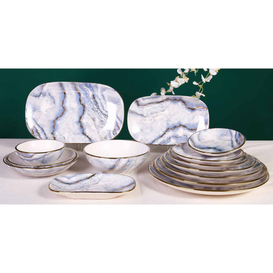Marble Effect Ceramic Dinnerware Set with Shiny Surface and Golden Edges – 14-Piece Collection
