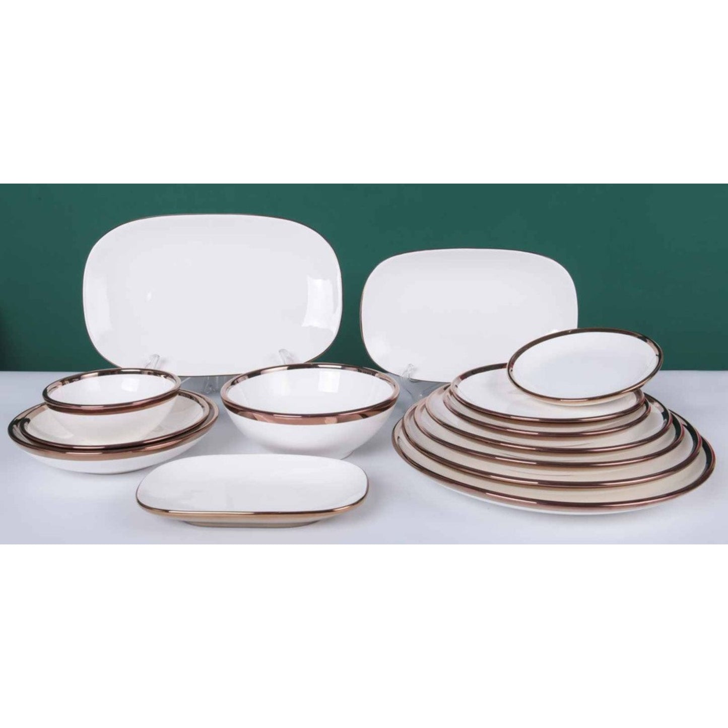 White Ceramic Dinnerware Set with Shiny Surface and Golden Edges – 14-Piece Collection