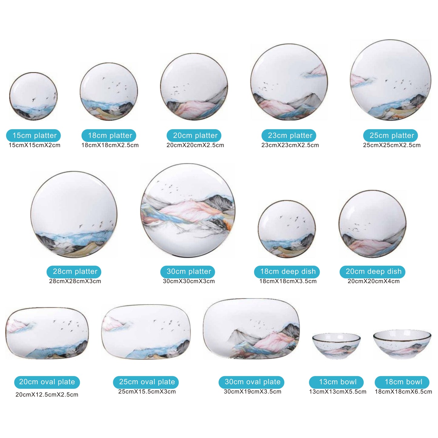 White Ceramic Dinnerware Set with Colorful Mountain Design and Shiny Surface – 14-Piece Collection