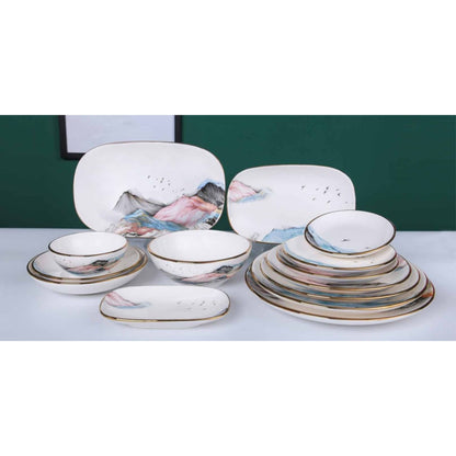 White Ceramic Dinnerware Set with Colorful Mountain Design and Shiny Surface – 14-Piece Collection