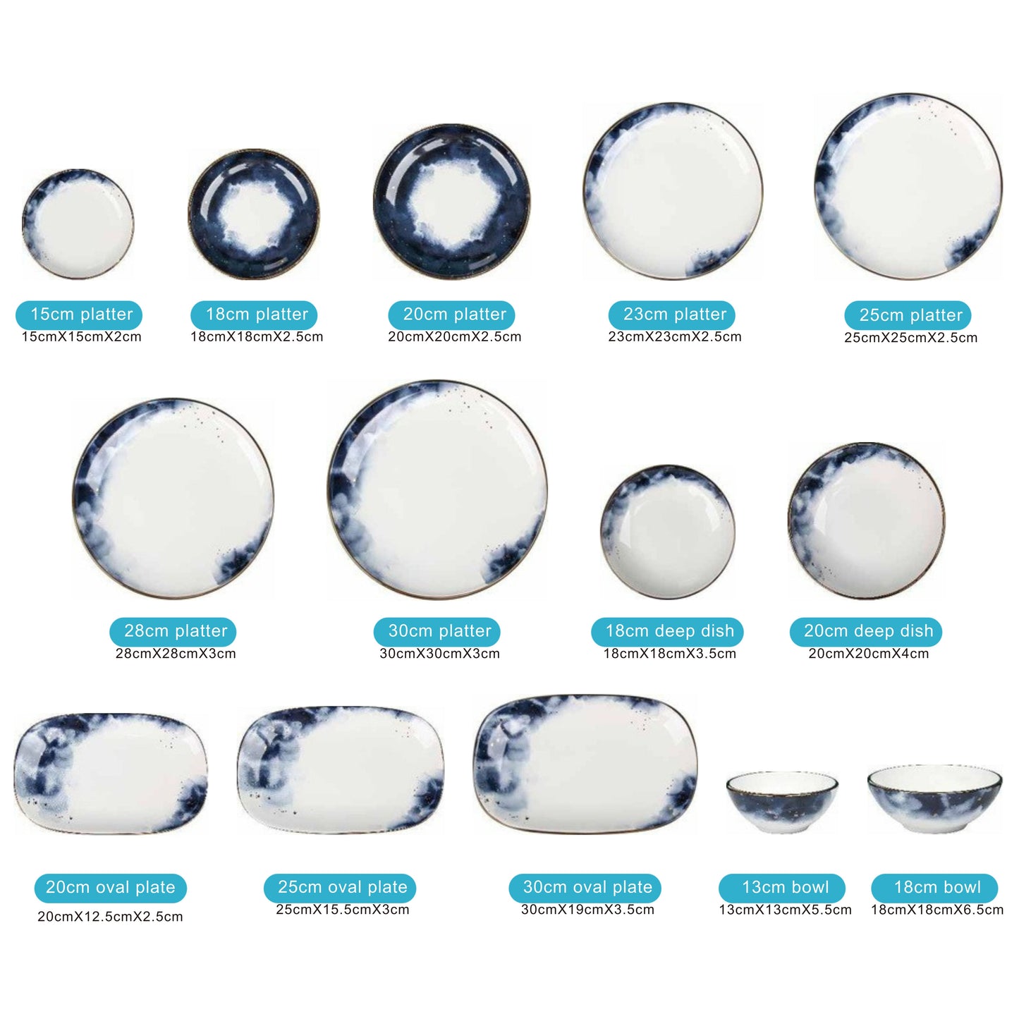 White Ceramic Dinnerware Set with Blue Smokey Effect and Shiny Surface – 14-Piece Collection