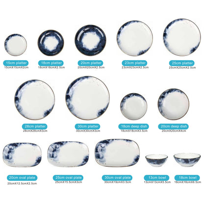 White Ceramic Dinnerware Set with Blue Smokey Effect and Shiny Surface – 14-Piece Collection