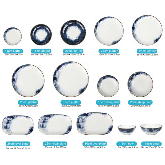 White Ceramic Dinnerware Set with Blue Smokey Effect and Shiny Surface – 14-Piece Collection