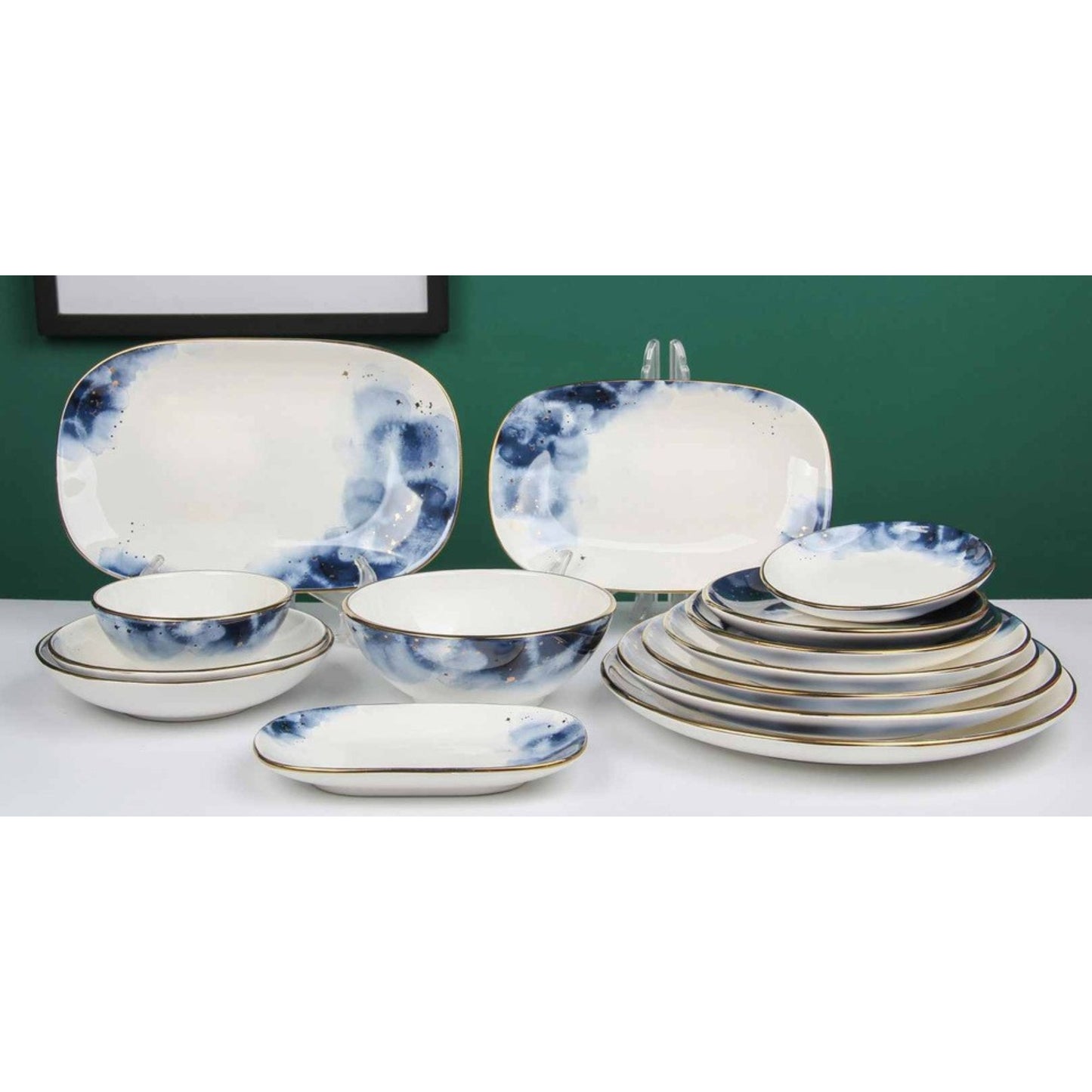White Ceramic Dinnerware Set with Blue Smokey Effect and Shiny Surface – 14-Piece Collection