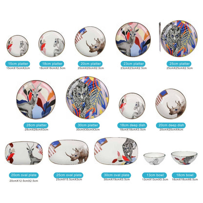 White Ceramic Dinnerware Set with Colorful Animal Design and Shiny Surface – 14-Piece Collection