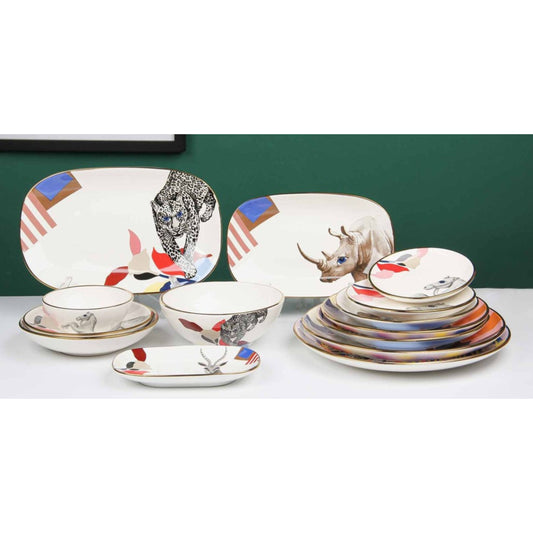 White Ceramic Dinnerware Set with Colorful Animal Design and Shiny Surface – 14-Piece Collection