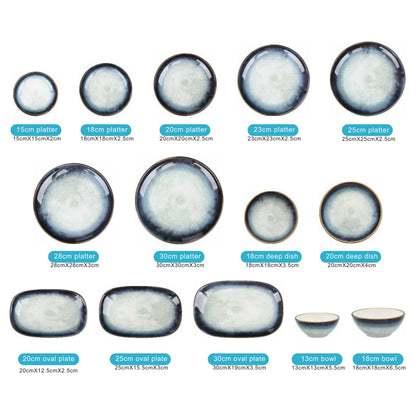 White Smokey Ceramic Dinnerware Set with Dark Blue Edges, Shiny Surface, and Golden Trim – 14-Piece Collection