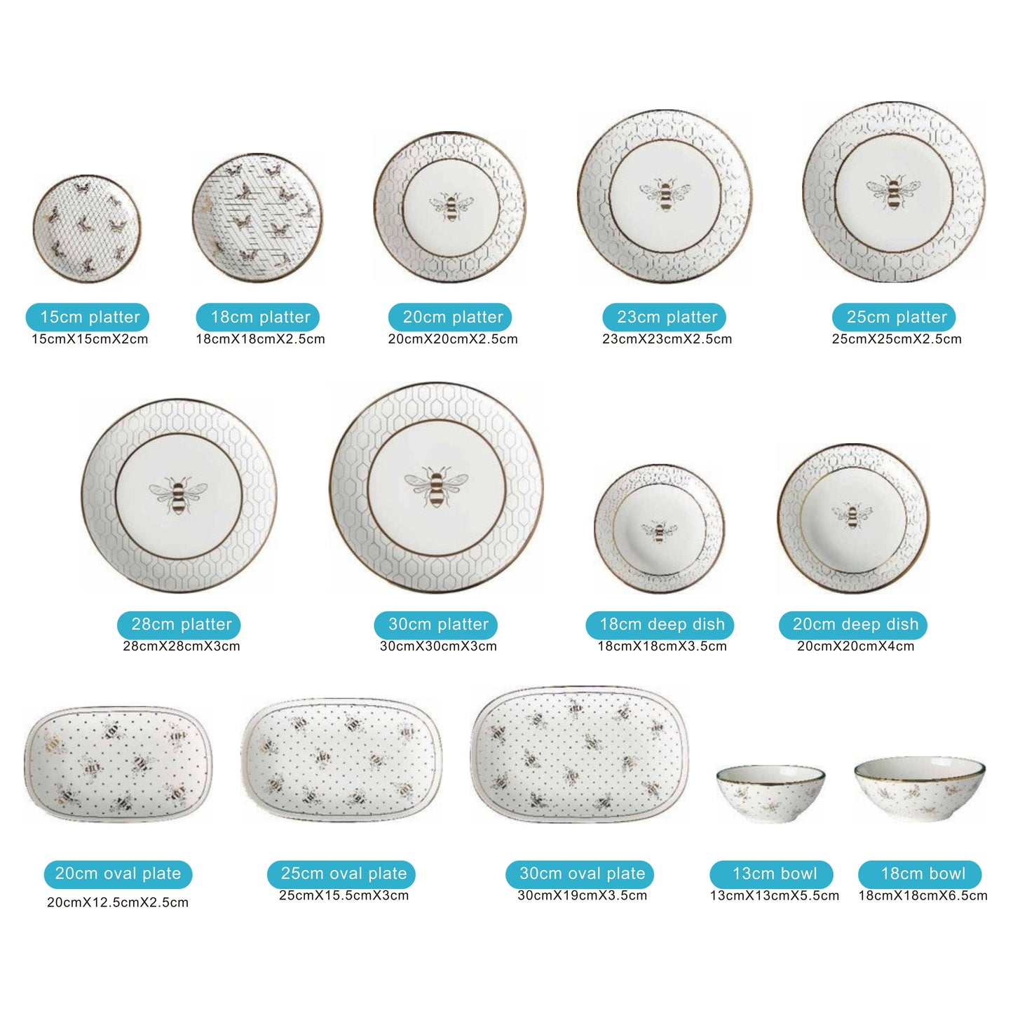 White Ceramic Dinnerware Set with Bee and Dot Pattern – 14-Piece Collection