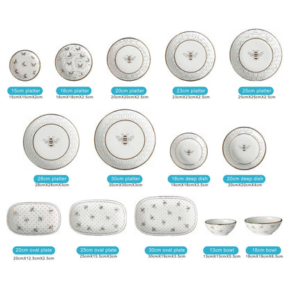 White Ceramic Dinnerware Set with Bee and Dot Pattern – 14-Piece Collection