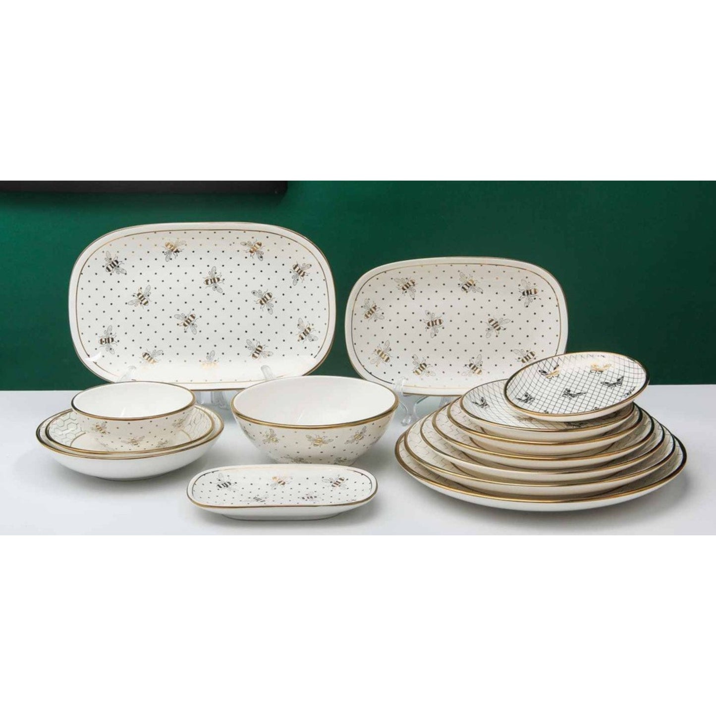White Ceramic Dinnerware Set with Bee and Dot Pattern – 14-Piece Collection