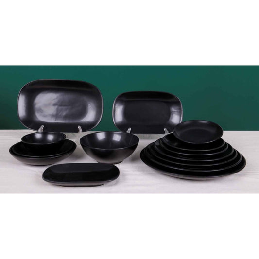 Black Ceramic Dinnerware Set with Shiny Surface – 14-Piece Collection