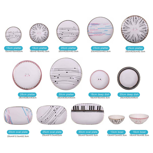 White Ceramic & Porcelain Dinnerware Set with Piano, Smiley, and Colorful Lines – 14-Piece Collection
