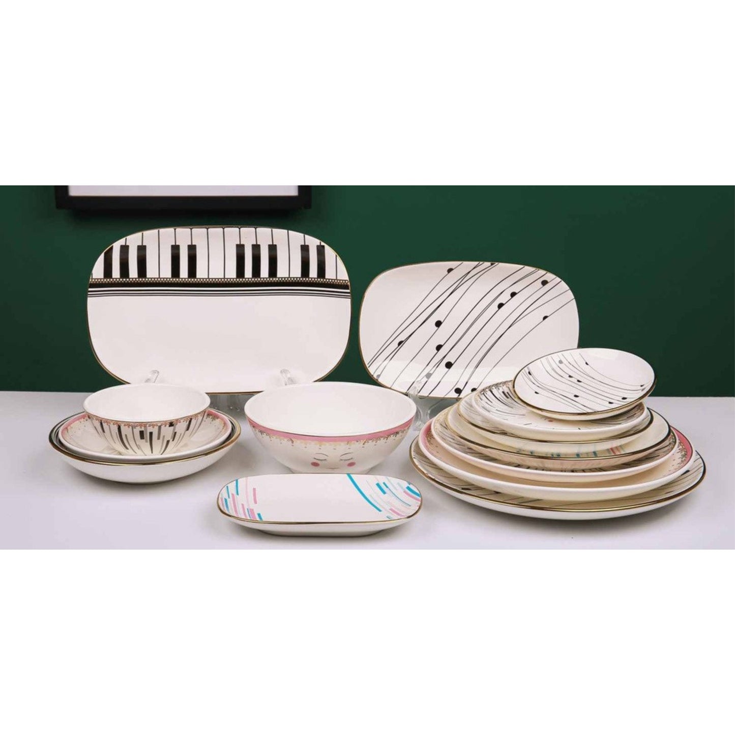 White Ceramic & Porcelain Dinnerware Set with Piano, Smiley, and Colorful Lines – 14-Piece Collection