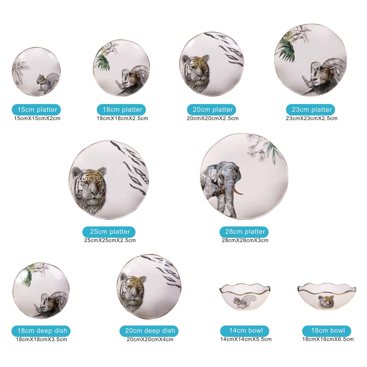 White Ceramic & Porcelain 10-Piece Dinnerware Set with Animal Designs and Shiny Surface