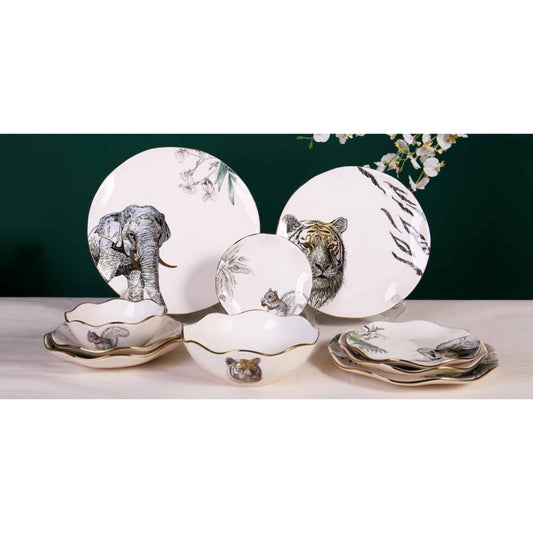 White Ceramic & Porcelain 10-Piece Dinnerware Set with Animal Designs and Shiny Surface