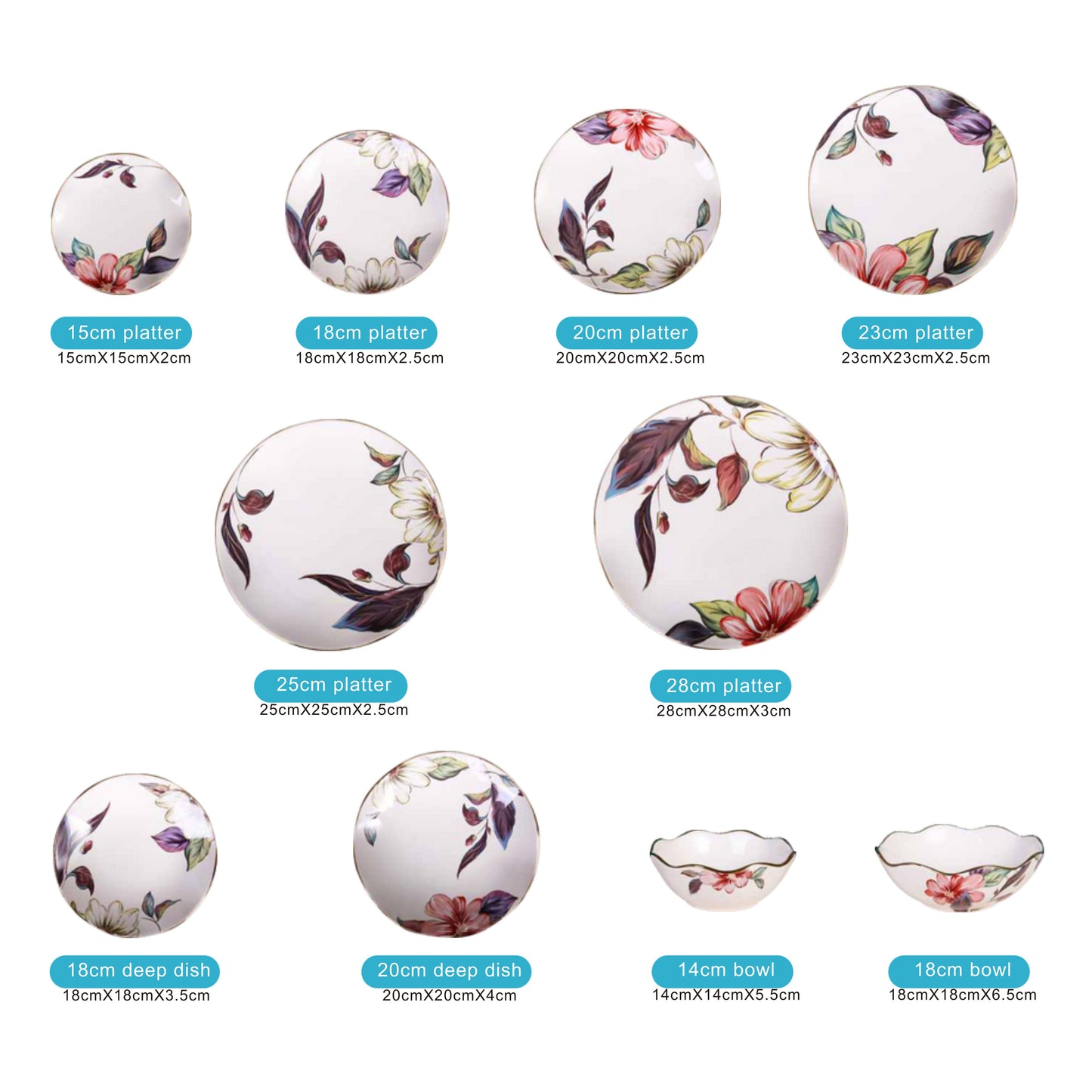 White Ceramic & Porcelain 10-Piece Dinnerware Set with Floral Design and Shiny Surface