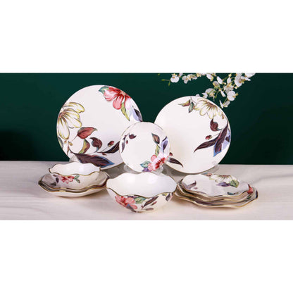 White Ceramic & Porcelain 10-Piece Dinnerware Set with Floral Design and Shiny Surface