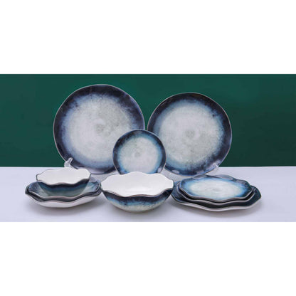 White Ceramic & Porcelain 10-Piece Dinnerware Set with Blue Round Edge Pattern and Shiny Surface