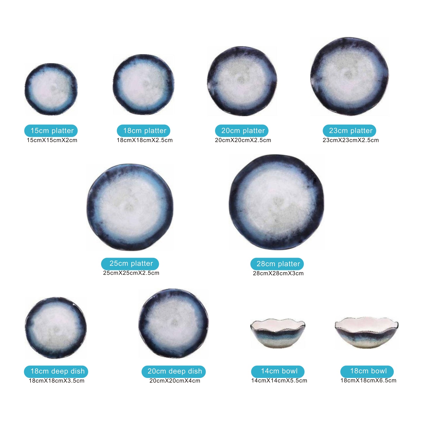 White Ceramic & Porcelain 10-Piece Dinnerware Set with Blue Round Edge Pattern and Shiny Surface