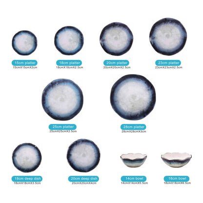 White Ceramic & Porcelain 10-Piece Dinnerware Set with Blue Round Edge Pattern and Shiny Surface