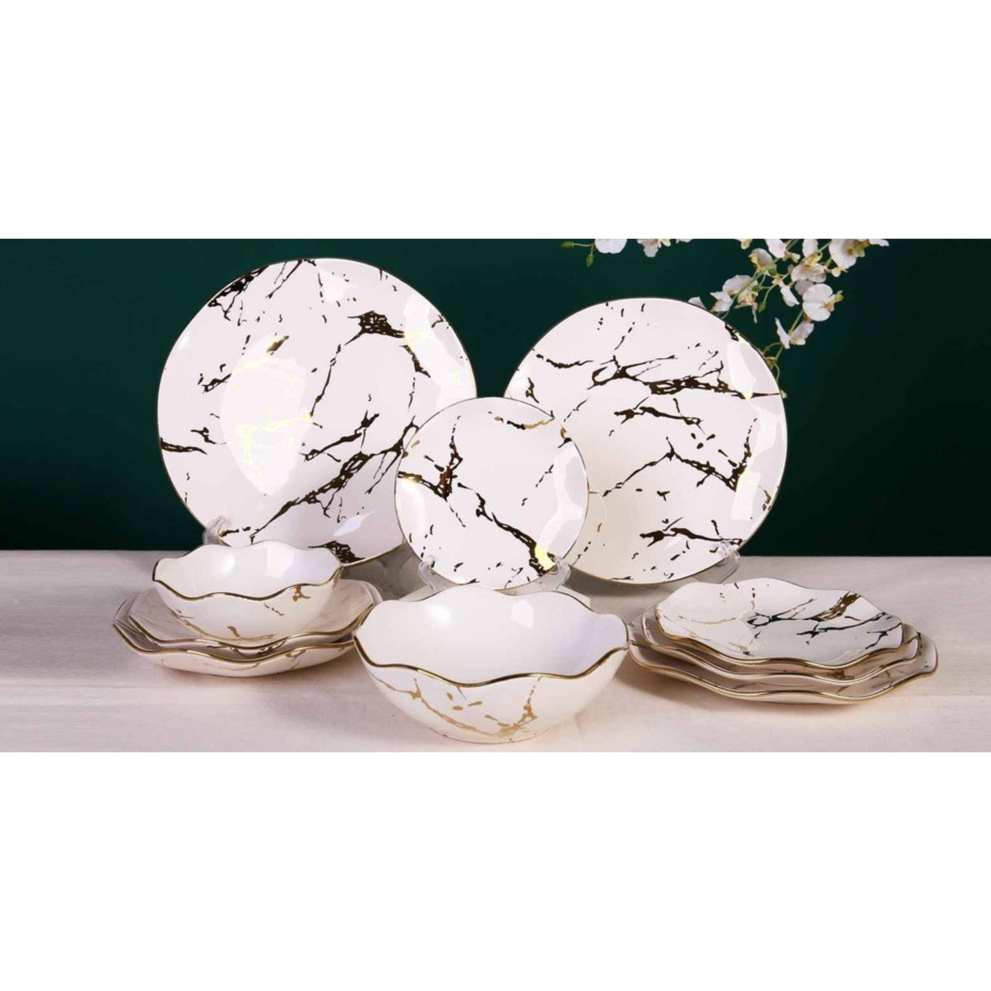 White Ceramic & Porcelain 10-Piece Dinnerware Set with Marble Pattern and Shiny Surface