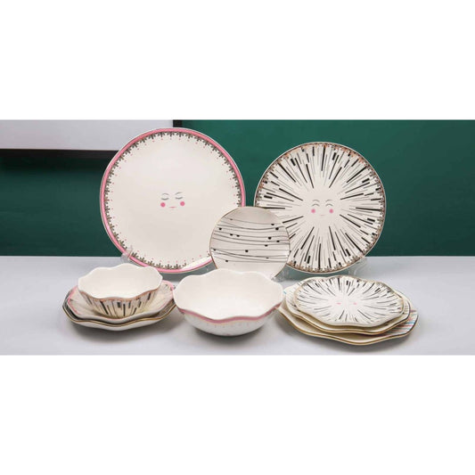 White Ceramic & Porcelain 10-Piece Dinnerware Set with Colorful Lines and Smiley Pattern, Shiny Surface