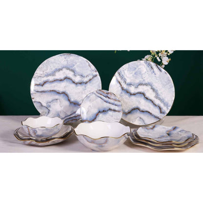Grey Ceramic & Porcelain 10-Piece Dinnerware Set with Marble Pattern and Shiny Surface