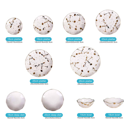 Cream Ceramic & Porcelain 10-Piece Dinnerware Set with Marble and Dot Pattern and Shiny Surface