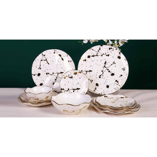 Cream Ceramic & Porcelain 10-Piece Dinnerware Set with Marble and Dot Pattern and Shiny Surface